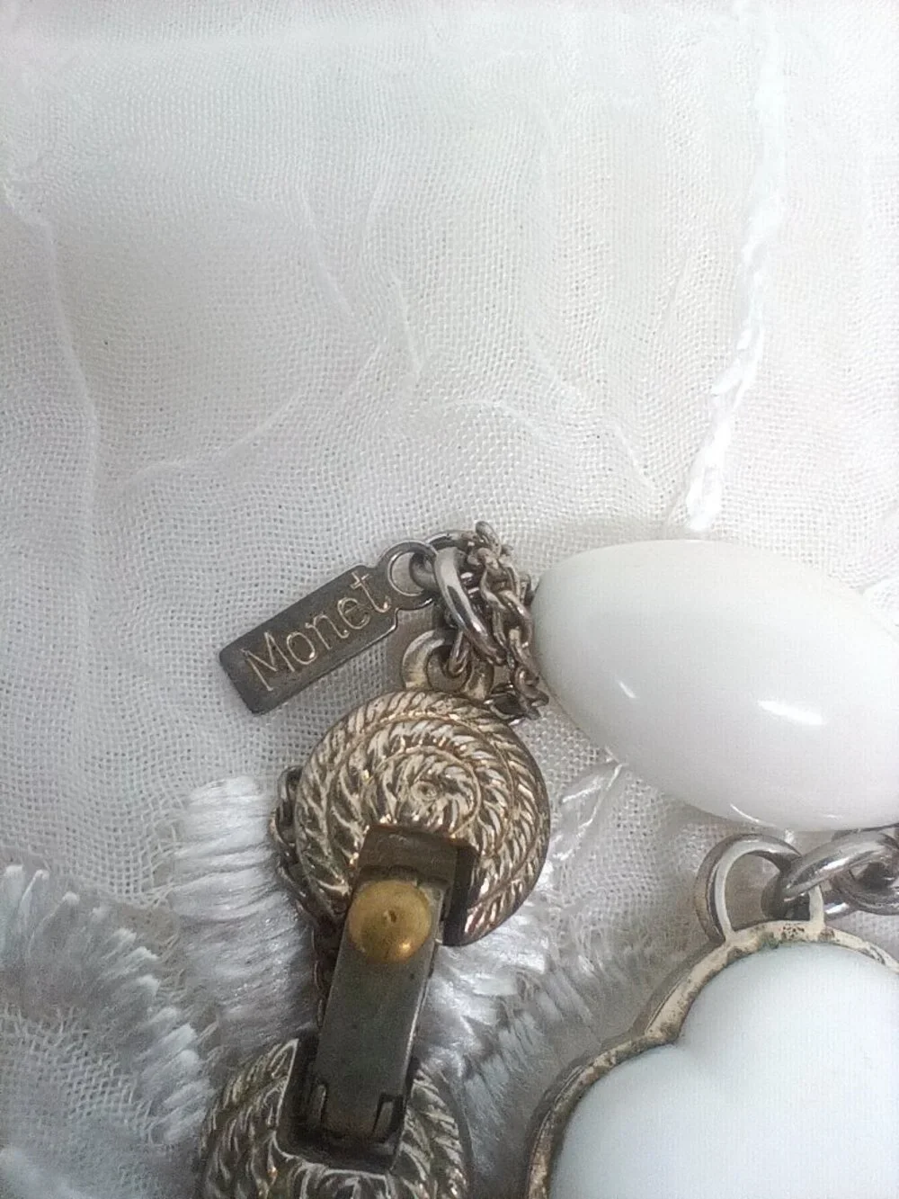 Vtg Monet Lot Bracelet Earring ~Gently loved Gold Half Sphere, White Lucky Charm - Picture 10 of 14